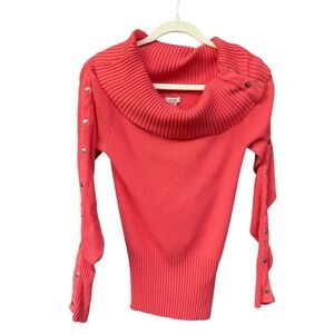 Vtg Y2K Cache Coral Pink Ribbed Cowl Neck Top Long Sleeve Womens‎ Size M Snaps